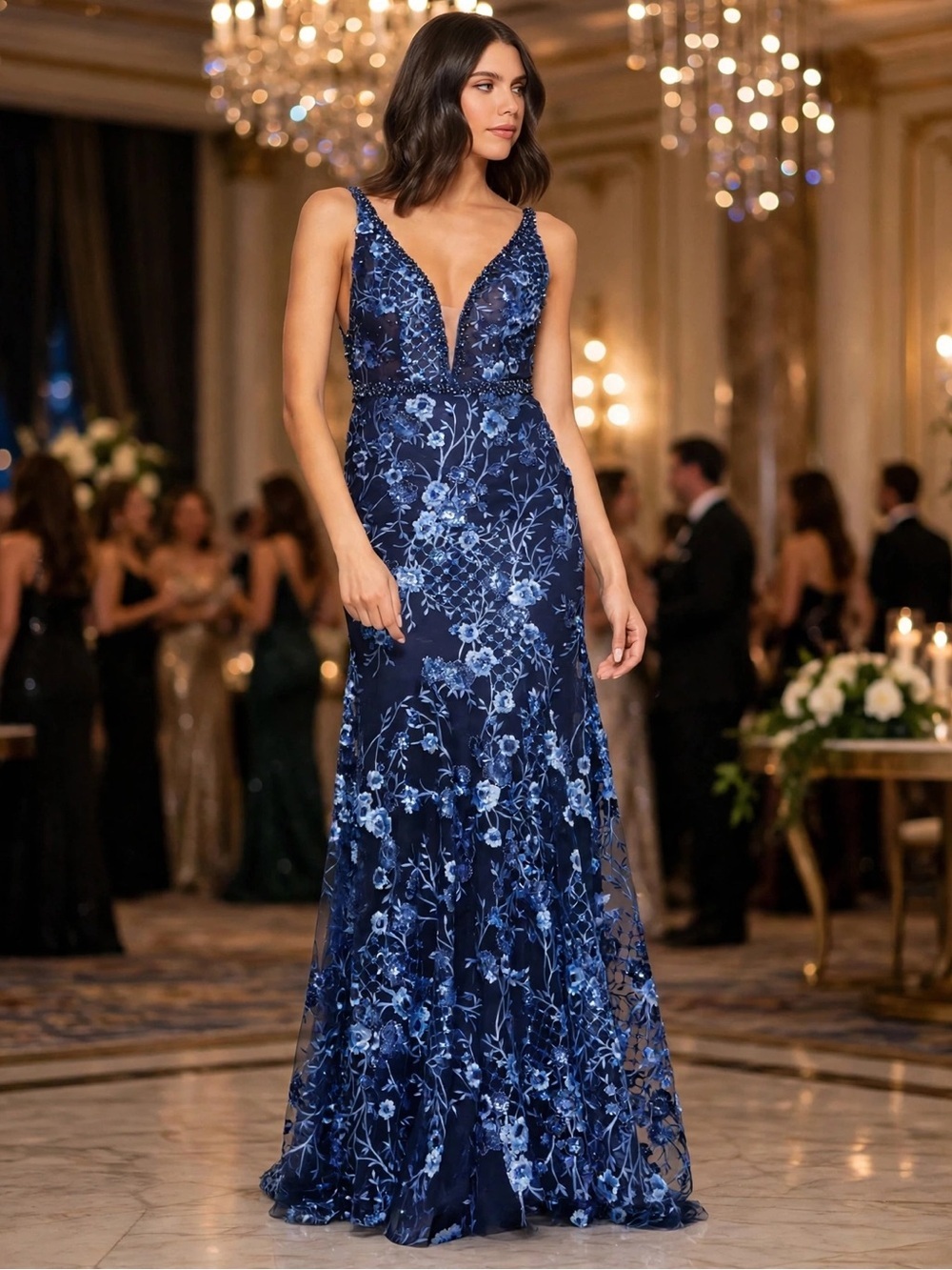 Mac Duggal Floral Embellished Sleeveless Plunge Neck Gown size 14 midnight blue.